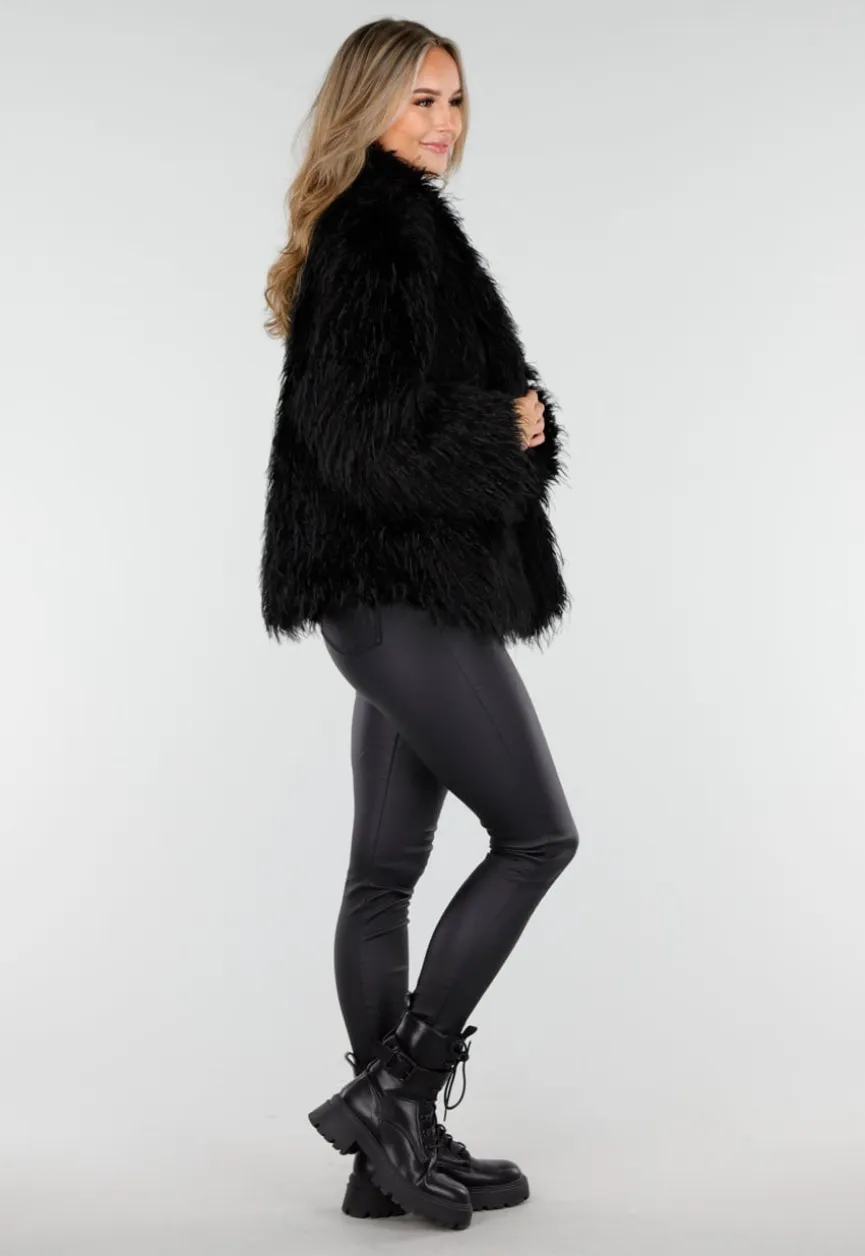 Zwarte Faux Fur Jas met Langharige Textuur