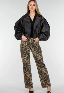 Zwarte Faux Leer Cropped Jas met Oversized Mouwen