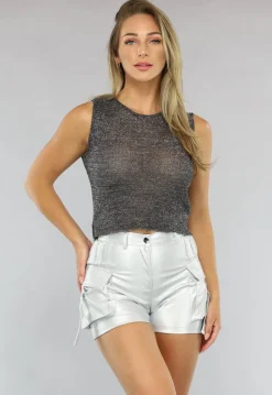 Zwarte Fijngebreide Mouwloze Glitter Top