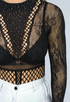 Zwarte Fishnet Bodysuit met Glitters