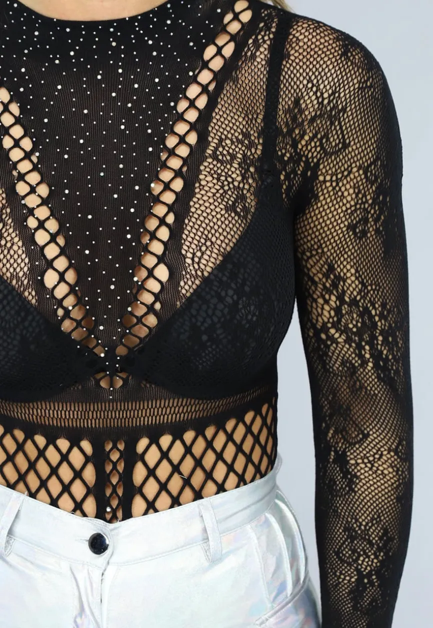 Zwarte Fishnet Bodysuit met Glitters