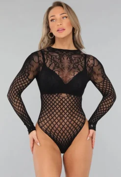 Zwarte Fishnet Bodysuit met Print