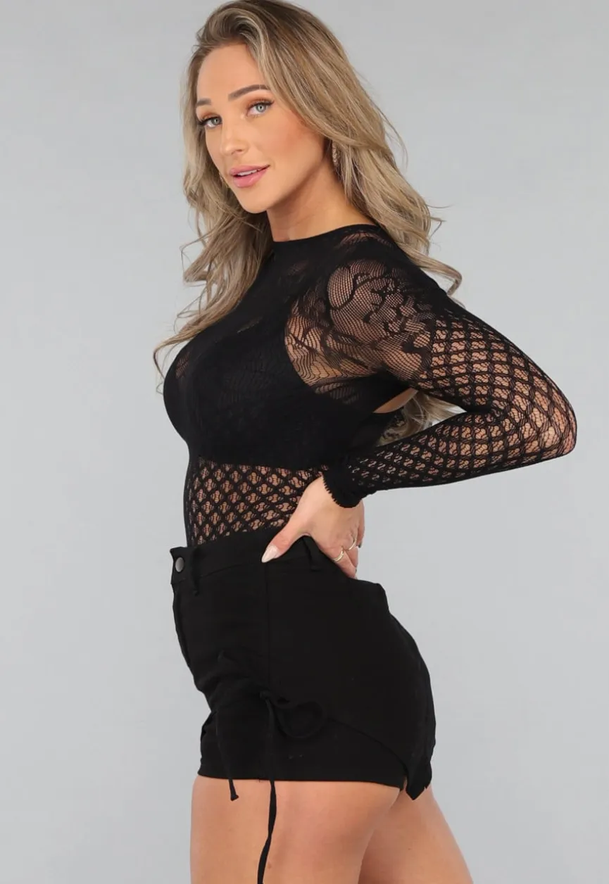 Zwarte Fishnet Bodysuit met Print