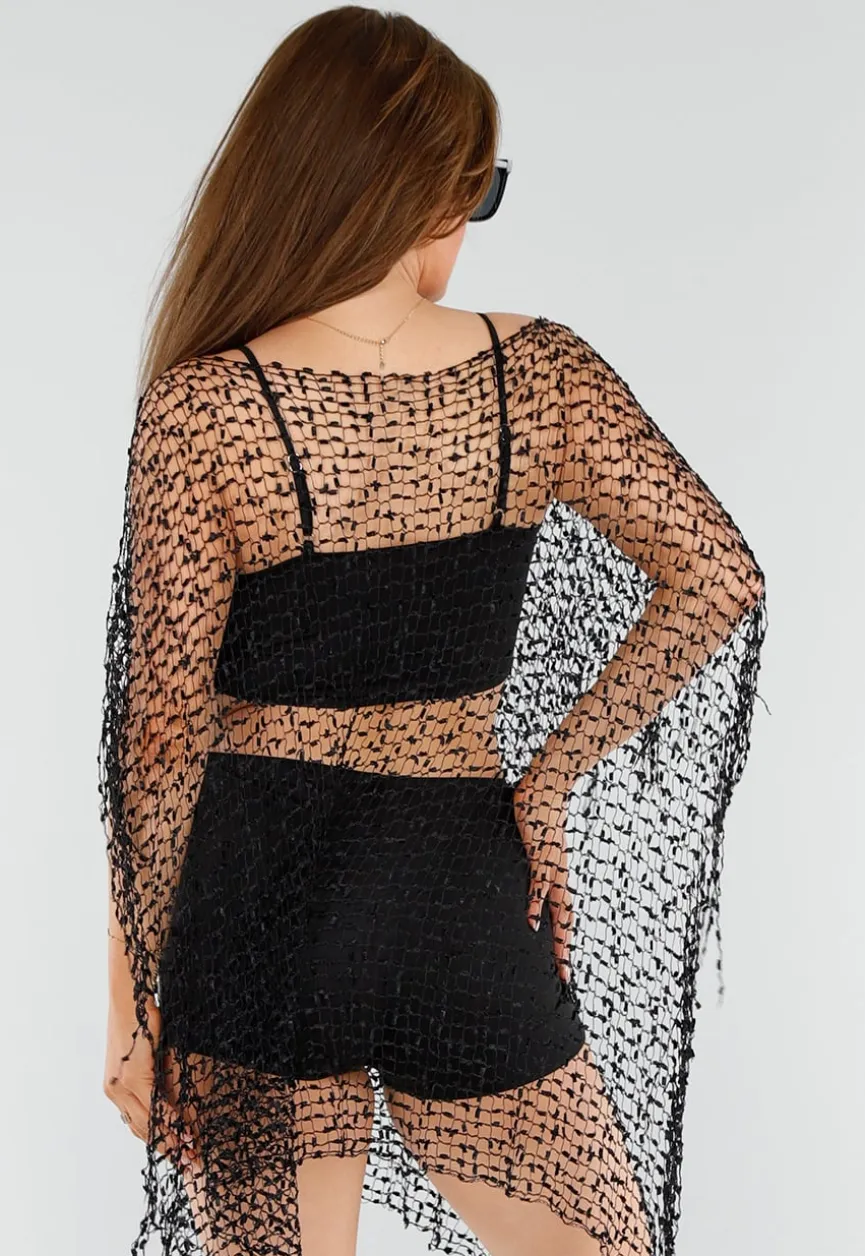 Zwarte Fishnet Cover-Up met Asymmetrische Puntzoom