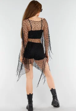 Zwarte Fishnet Cover-Up met Asymmetrische Puntzoom