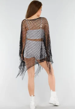 Zwarte Fishnet Cover-Up met Franjes en Ruitstructuur