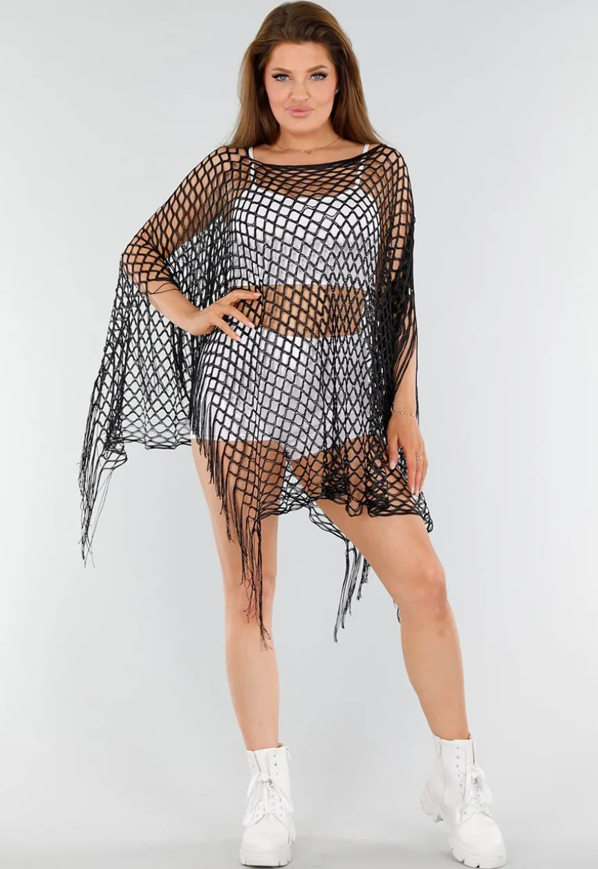 Zwarte Fishnet Cover-Up met Franjes en Ruitstructuur