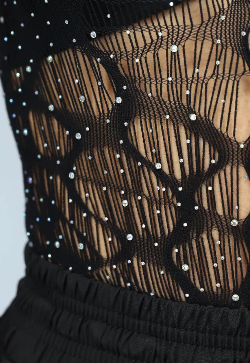 Zwarte Fishnet Glitter Bodysuit met Losse Mouwen