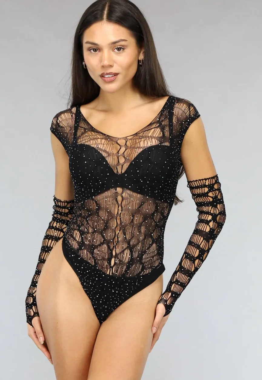 Zwarte Fishnet Glitter Bodysuit met Losse Mouwen