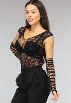 Zwarte Fishnet Glitter Bodysuit met Losse Mouwen