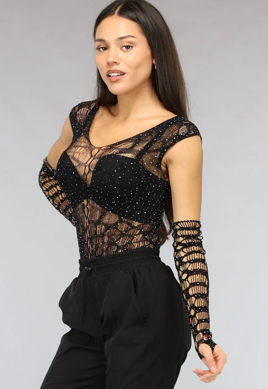 Zwarte Fishnet Glitter Bodysuit met Losse Mouwen