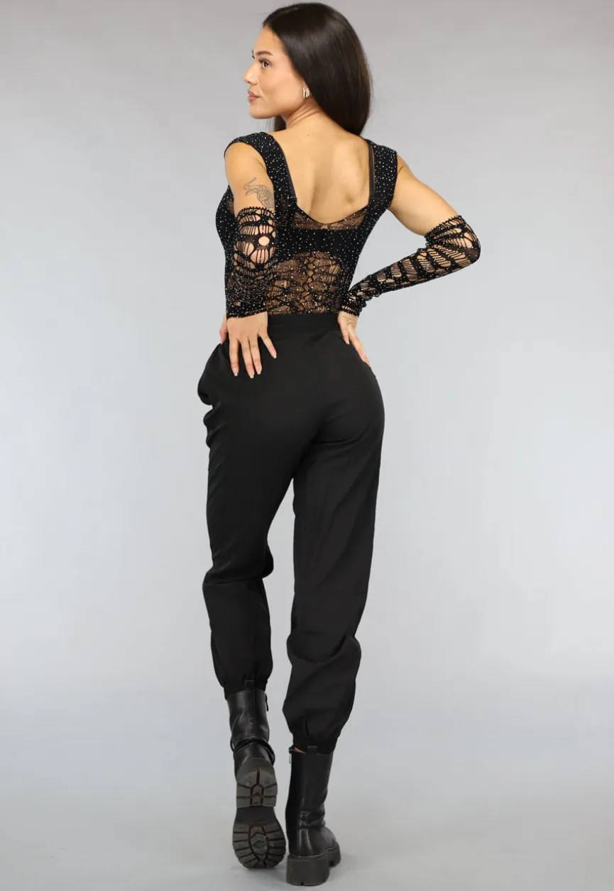 Zwarte Fishnet Glitter Bodysuit met Losse Mouwen