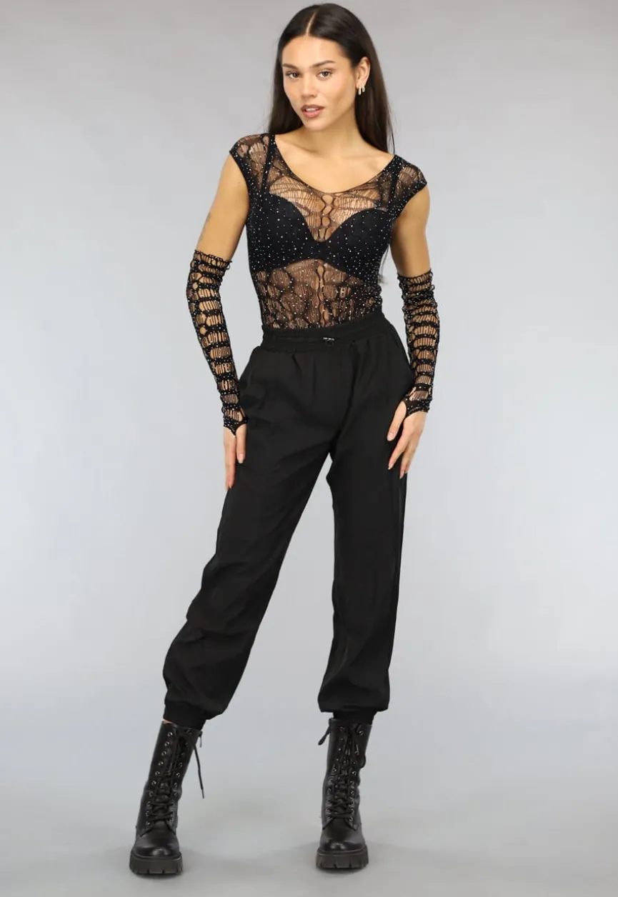Zwarte Fishnet Glitter Bodysuit met Losse Mouwen