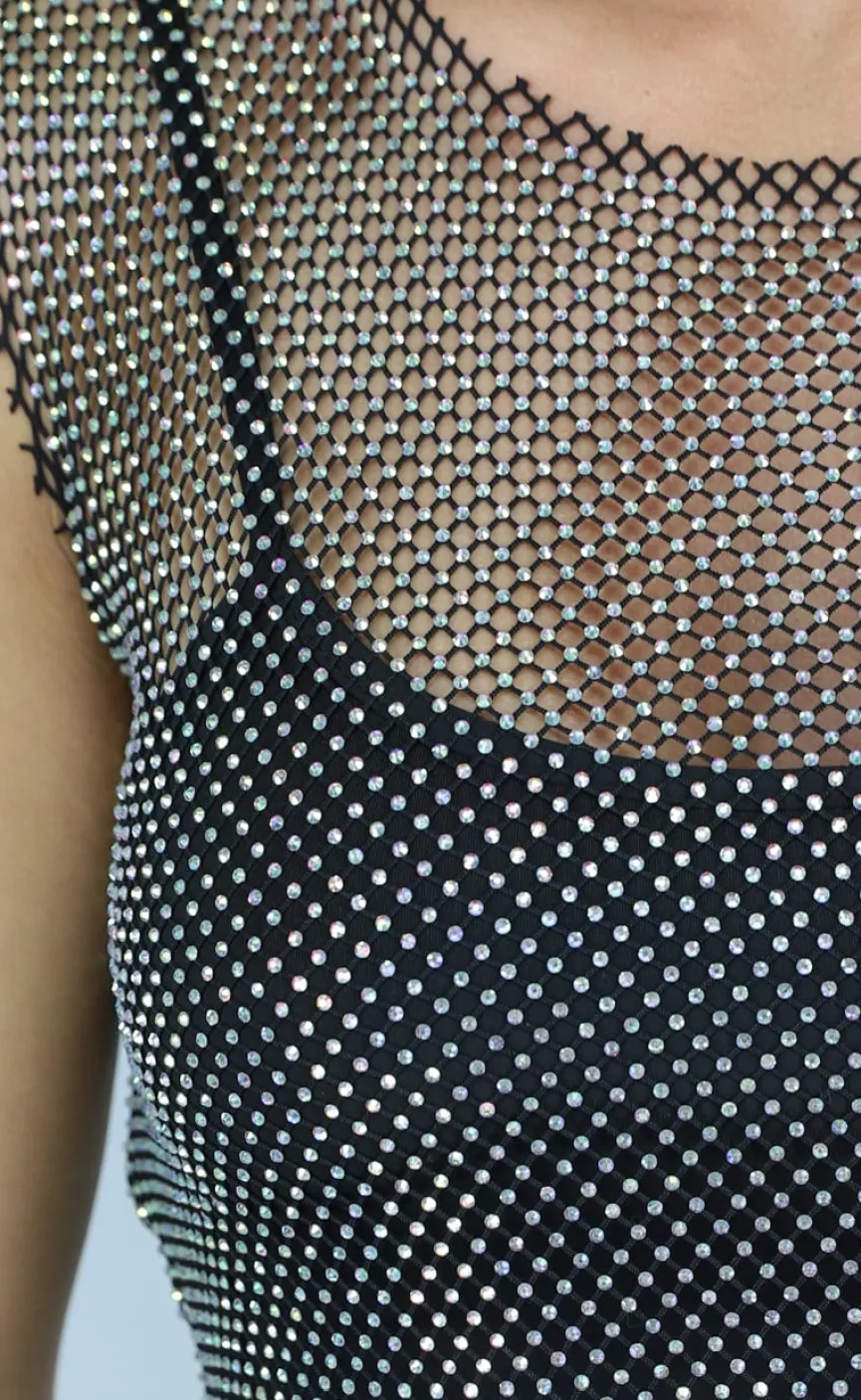 Zwarte Fishnet Glitter Tank Top