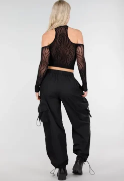 Zwarte Fishnet Halter Crop Top met Cut Out en Open Schouders