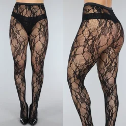 Zwarte Fishnet Panty met Bloemenprint