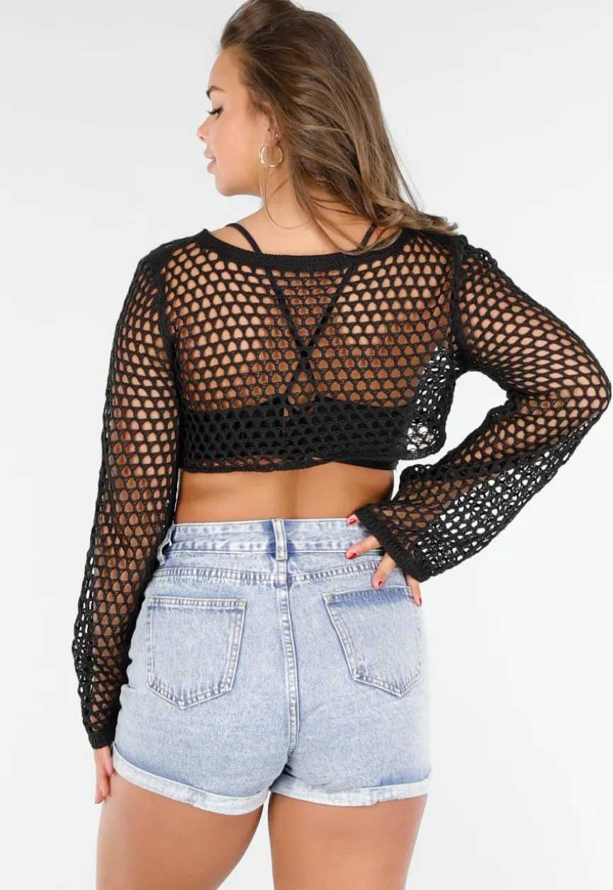 Zwarte Fishnet Top met Lange Mouwen en Schelpen