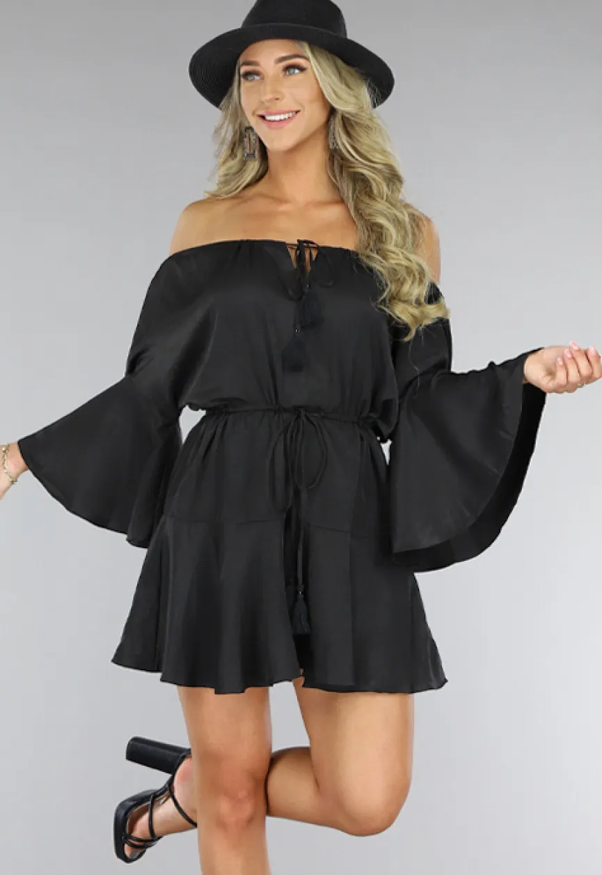 Zwarte Flowy Ibiza Style Off-Shoulder Playsuit