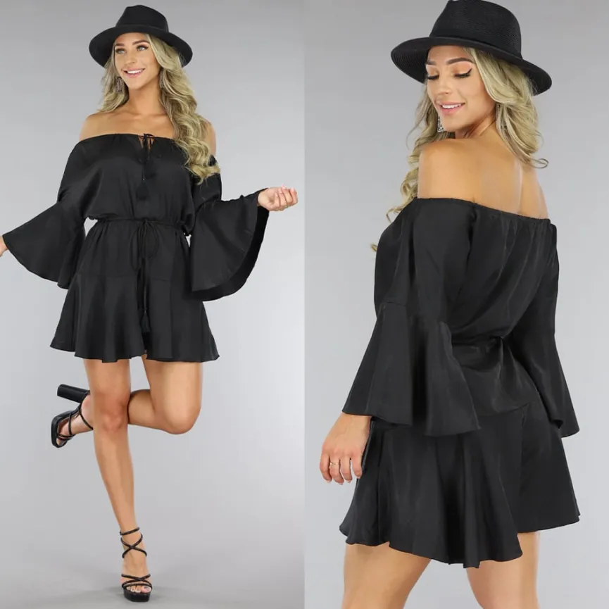 Zwarte Flowy Ibiza Style Off-Shoulder Playsuit