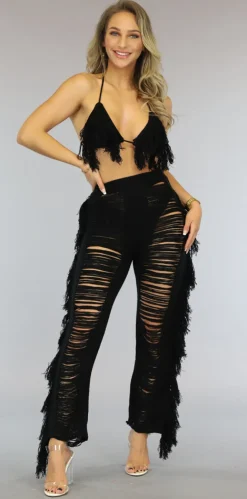 Zwarte Fluffy Cover Up Set met Triangel Topje