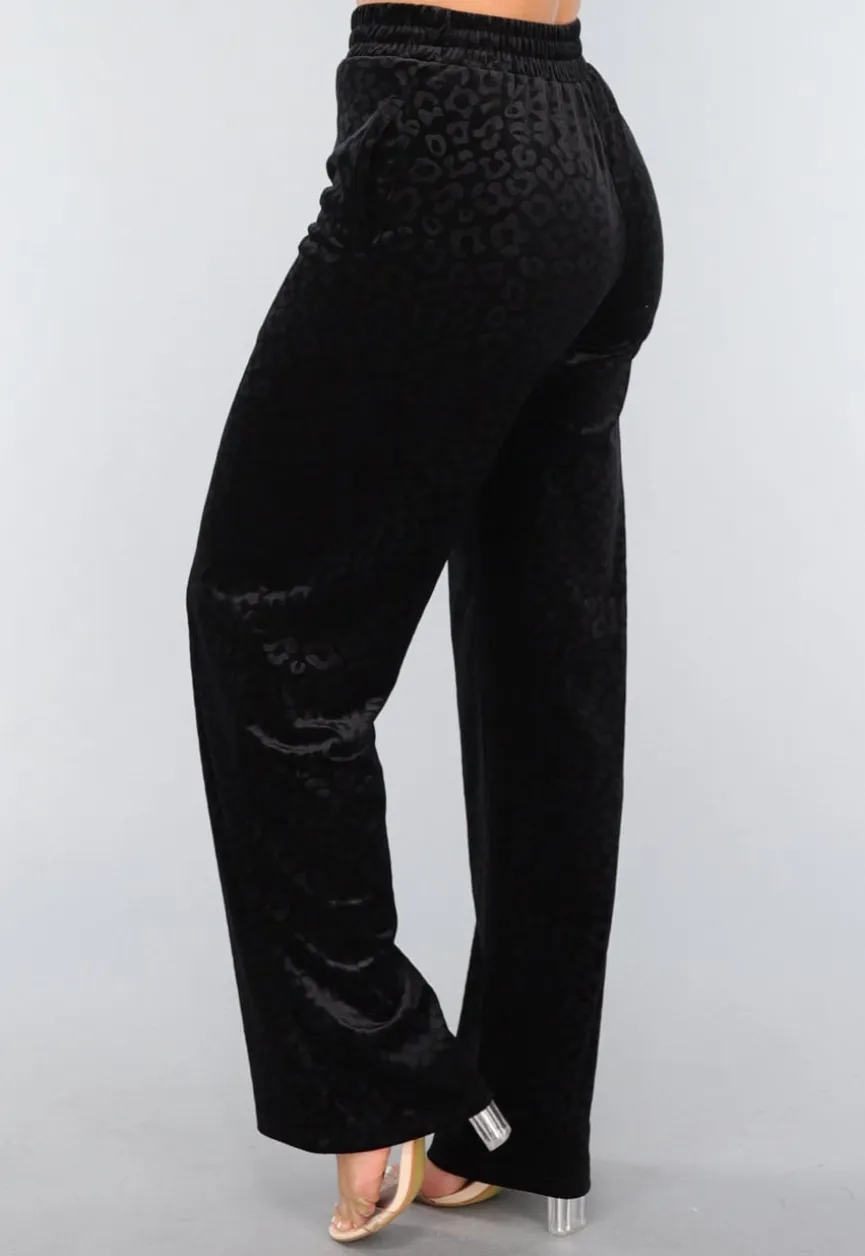 Zwarte Fluwelen Wide Leg Panterprint Broek