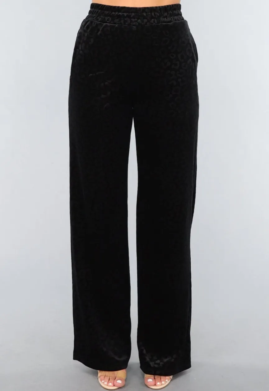 Zwarte Fluwelen Wide Leg Panterprint Broek