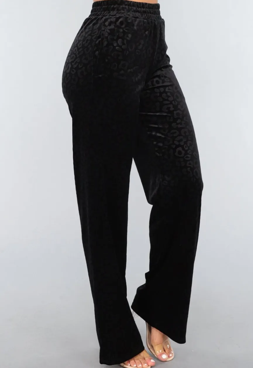 Zwarte Fluwelen Wide Leg Panterprint Broek