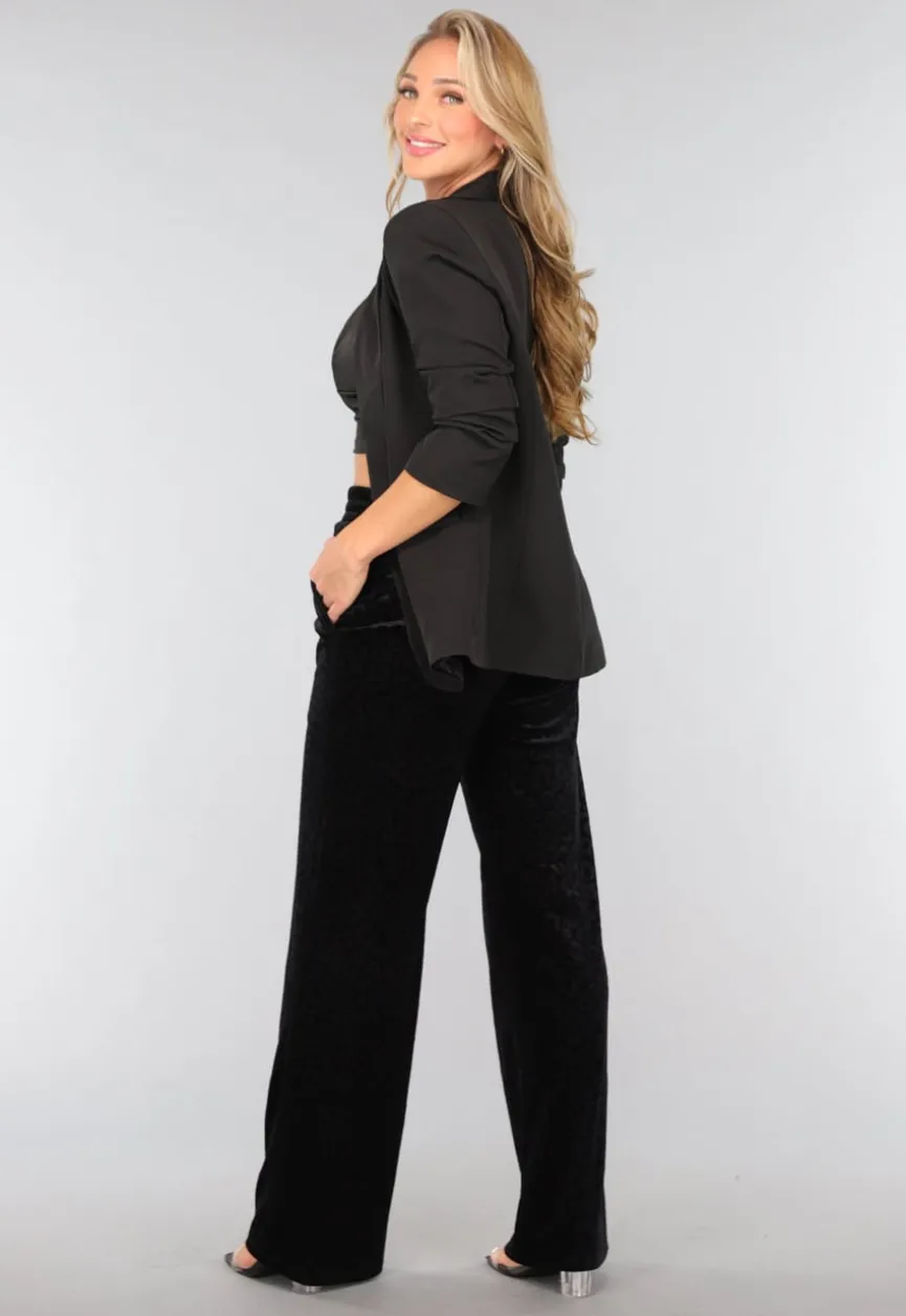 Zwarte Fluwelen Wide Leg Panterprint Broek