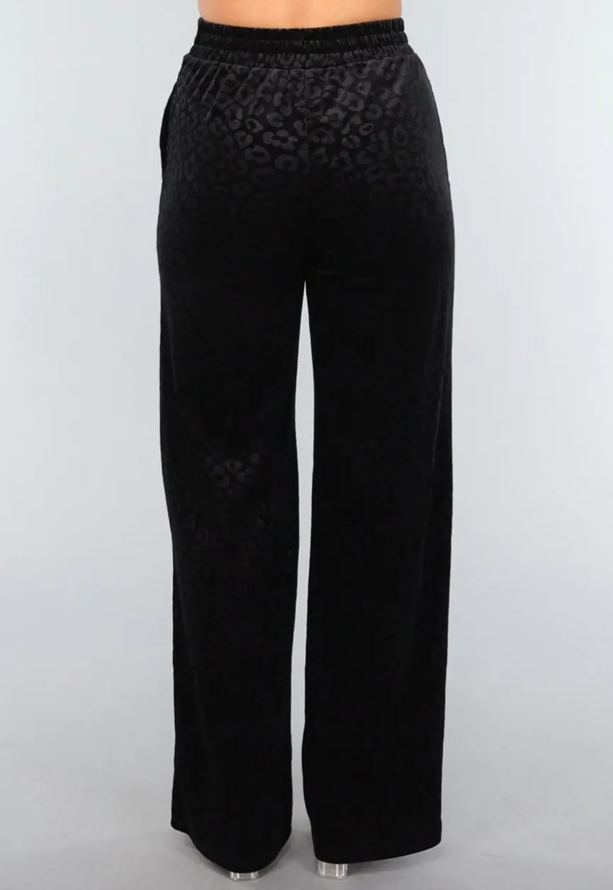 Zwarte Fluwelen Wide Leg Panterprint Broek