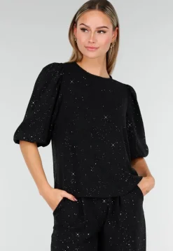 Zwarte Galaxy Glitter Top met Elastische Pofmouwen