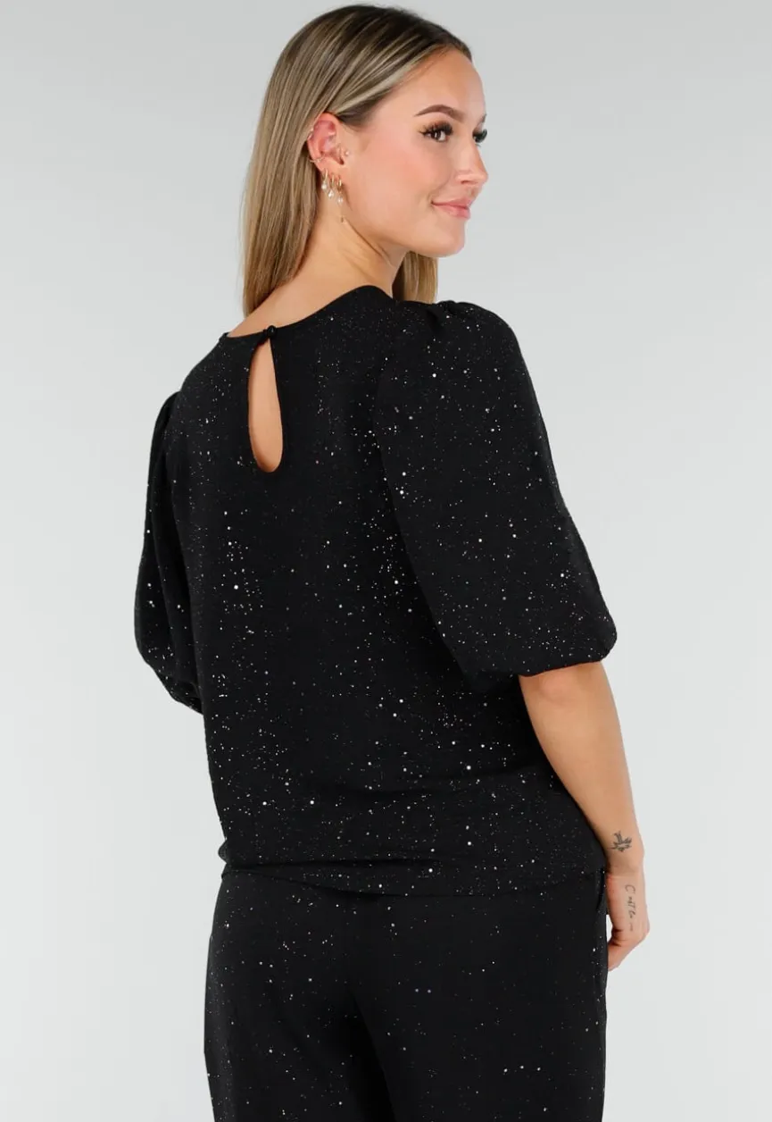 Zwarte Galaxy Glitter Top met Elastische Pofmouwen