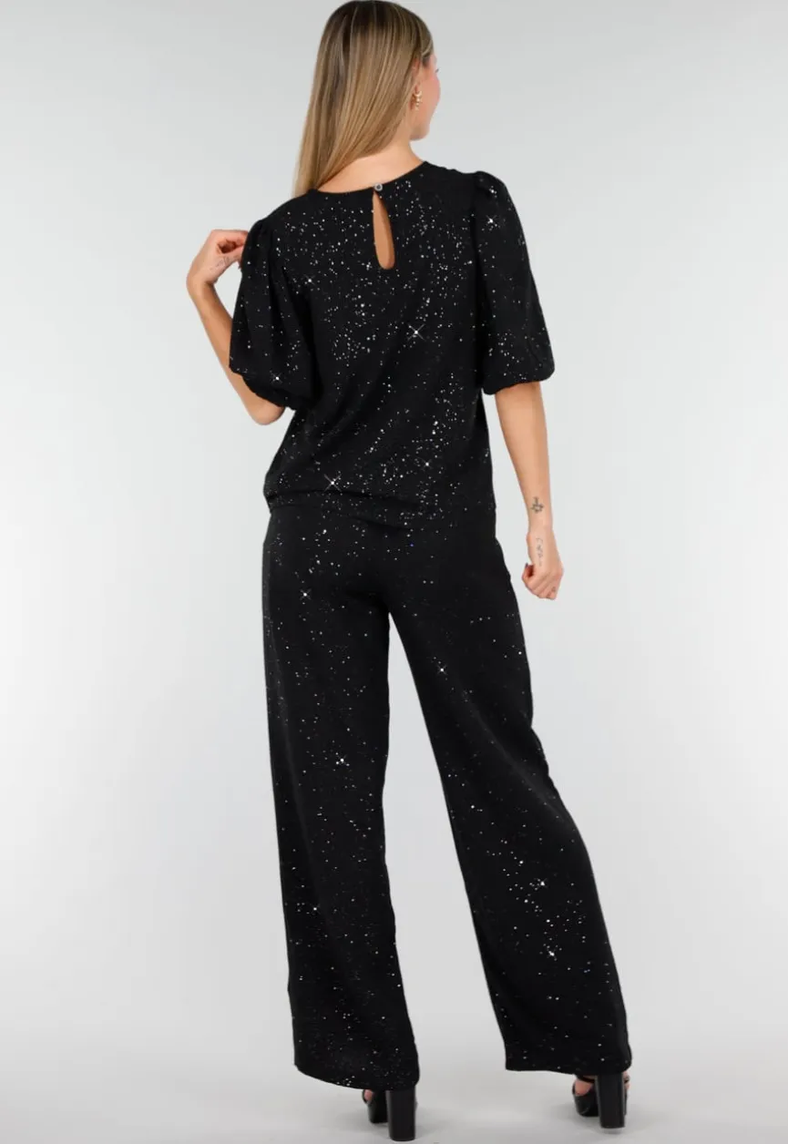 Zwarte Galaxy Glitter Top met Elastische Pofmouwen