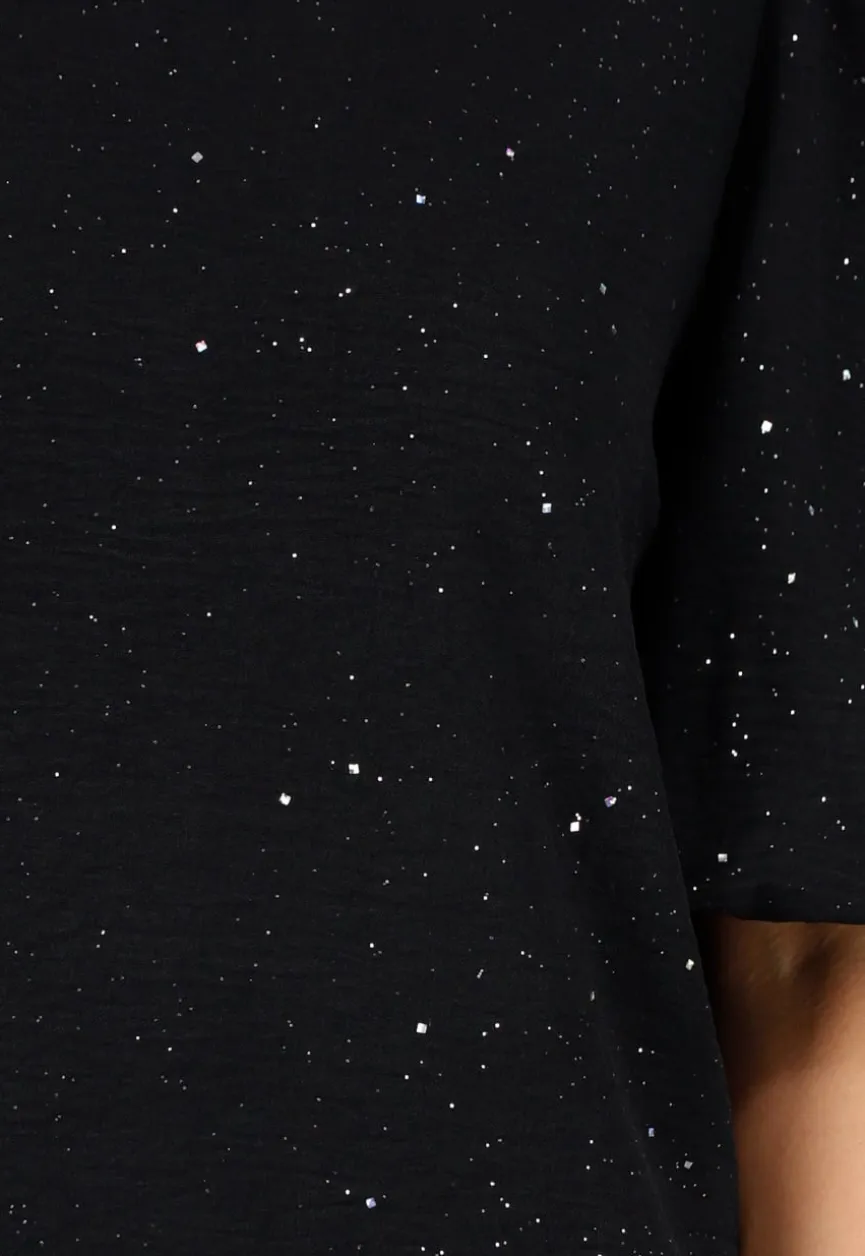 Zwarte Galaxy Glitter Top met Elastische Pofmouwen