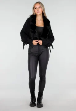 Zwarte Gebreide Cardigan met Faux Fur Kraag en Strikdetails