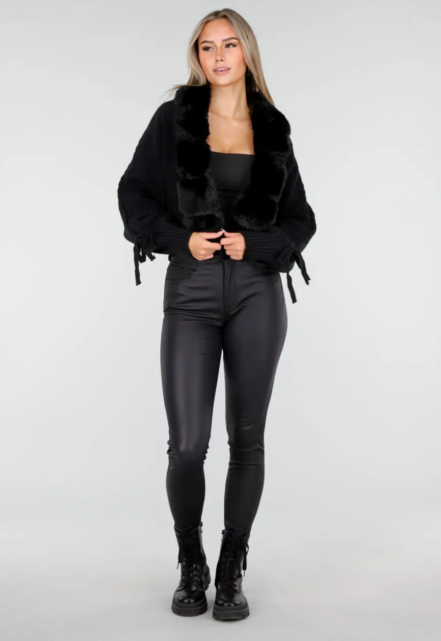 Zwarte Gebreide Cardigan met Faux Fur Kraag en Strikdetails
