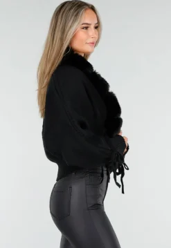 Zwarte Gebreide Cardigan met Faux Fur Kraag en Strikdetails