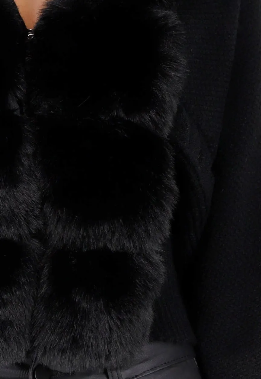 Zwarte Gebreide Cardigan met Faux Fur Kraag en Strikdetails