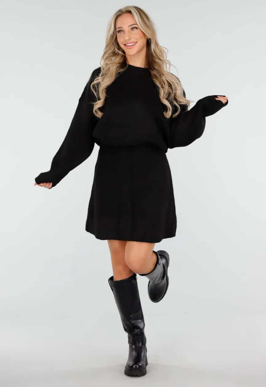 Zwarte Gebreide 2-Piece Set met Trui en Rok
