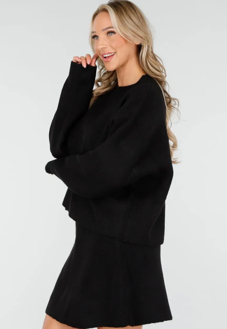 Zwarte Gebreide 2-Piece Set met Trui en Rok
