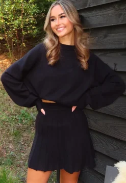 Zwarte Gebreide 2-Piece Set met Trui en Rok