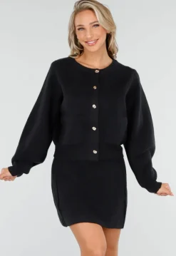 Zwarte Gebreide 2-Piece Set met Vest en Rok