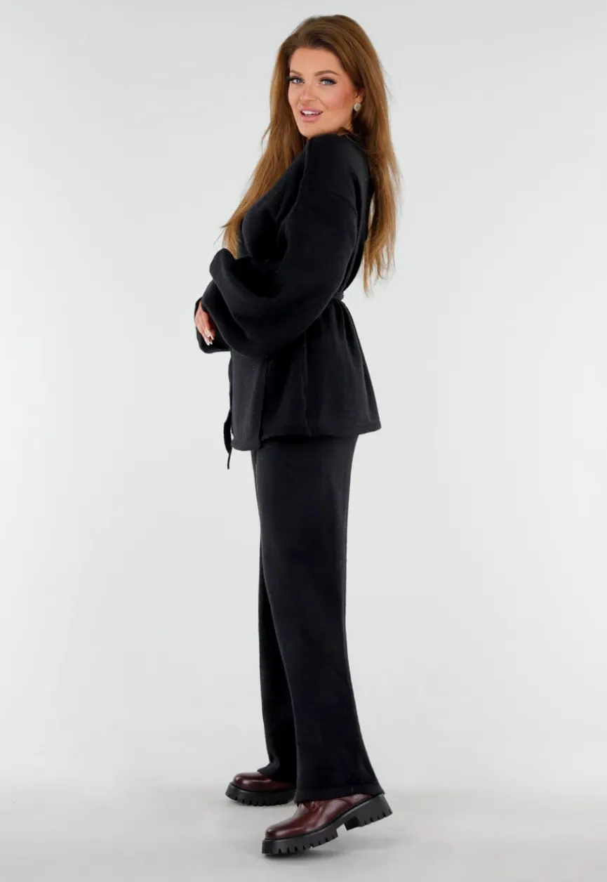 Zwarte Gebreide Set met Overslag Top en Wijde Broek