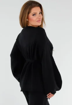 Zwarte Gebreide Set met Overslag Top en Wijde Broek