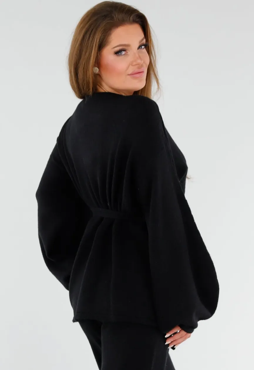 Zwarte Gebreide Set met Overslag Top en Wijde Broek