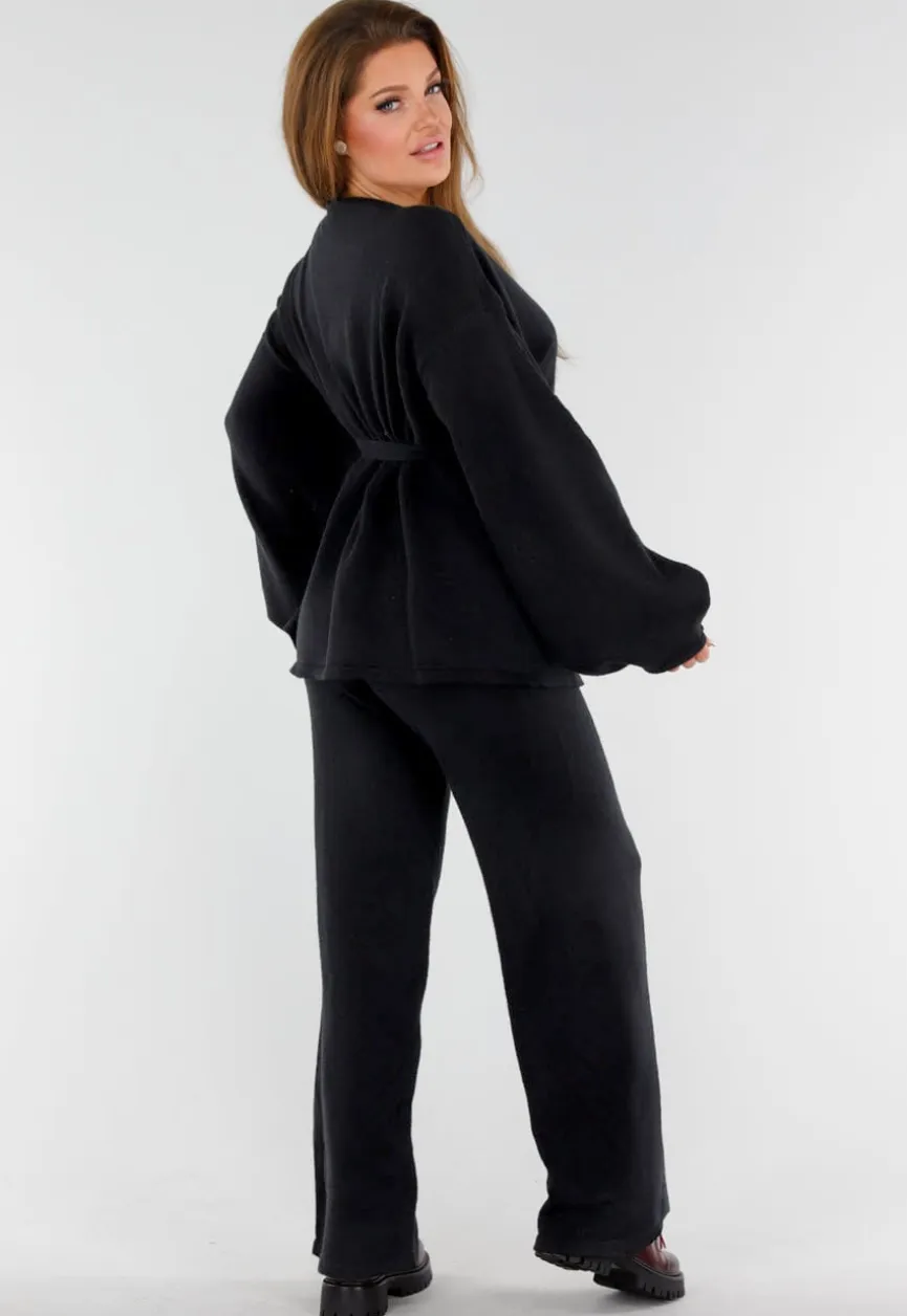 Zwarte Gebreide Set met Overslag Top en Wijde Broek