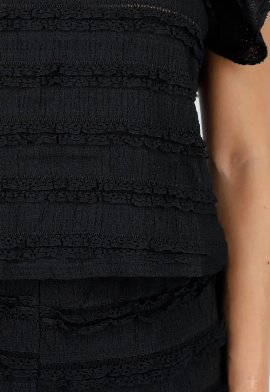 Zwarte Gehaakte Co-ord Set met Ruffle Mouwen