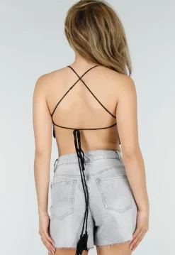 Zwarte Gehaakte Halter Top met Open Patroon en Kwastjes