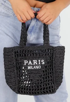 Zwarte Gehaakte Handtas met ‘PARIS MILANO’ Borduursel