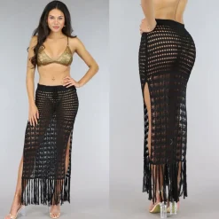 Zwarte Gehaakte Maxi Strand Rok met Veterdetail