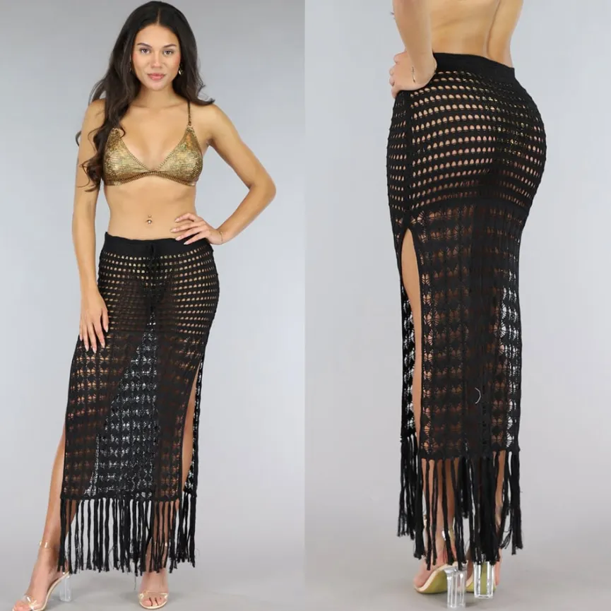Zwarte Gehaakte Maxi Strand Rok met Veterdetail